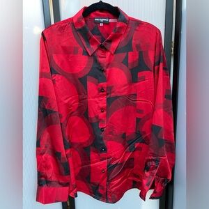 Karl Lagerfeld Red Black Geometric Abstract Satin Patterned Button Up NWOT XL